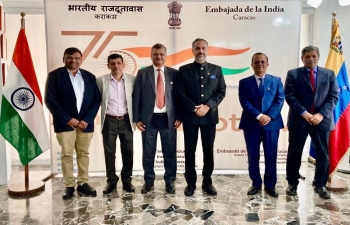  Amb. Abhishek Singh received a high level delegation from ONGC Videsh Ltd Co-Led by Mr ON Gyani, Dir (Ops) and Mr Anupam Agarwal, Dir(Fin). Amb. was briefed on their discussions with the Venezuelan side about their operations in Venezuela.